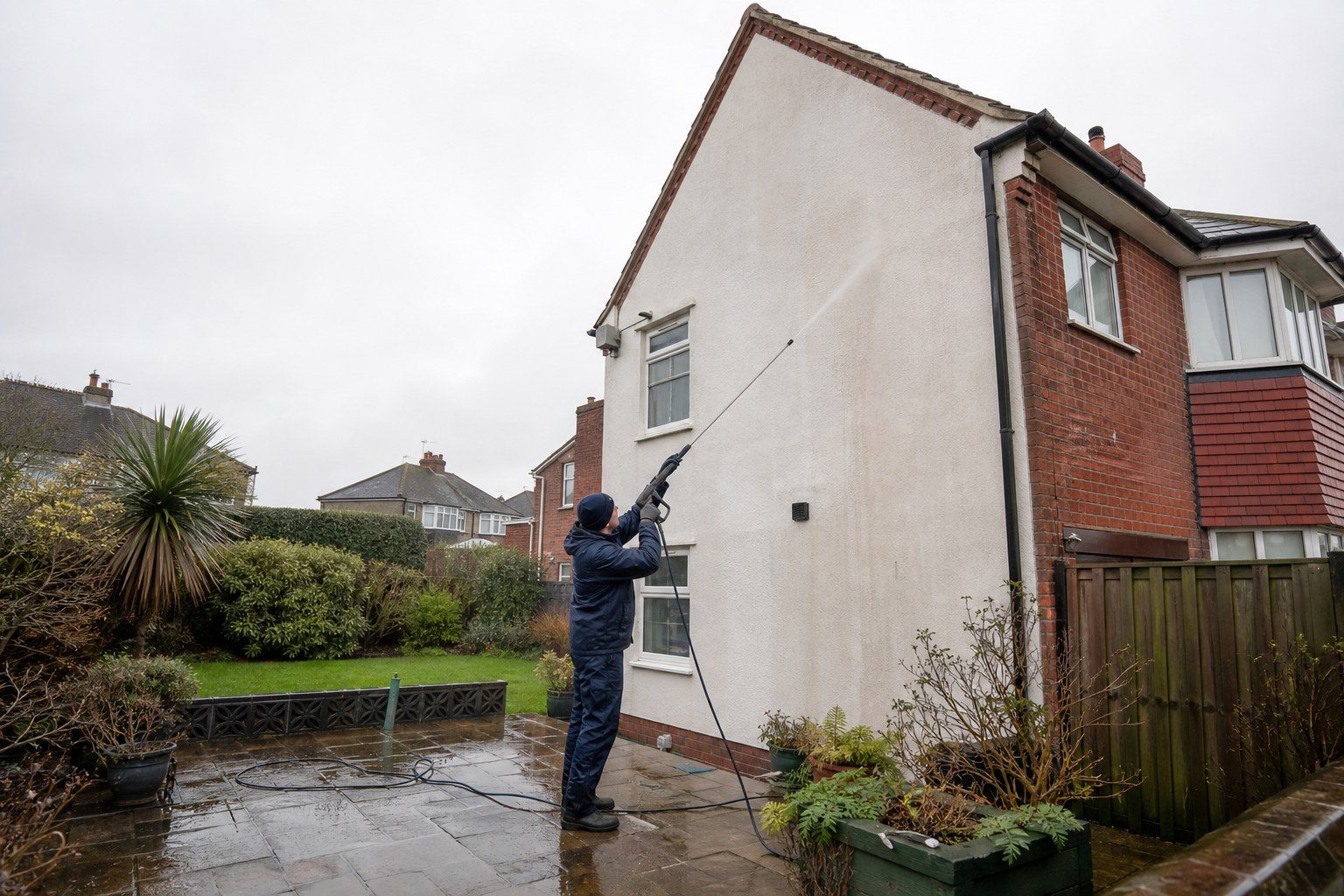 Operative applying biocide soft wash treatment to a house exterior wall