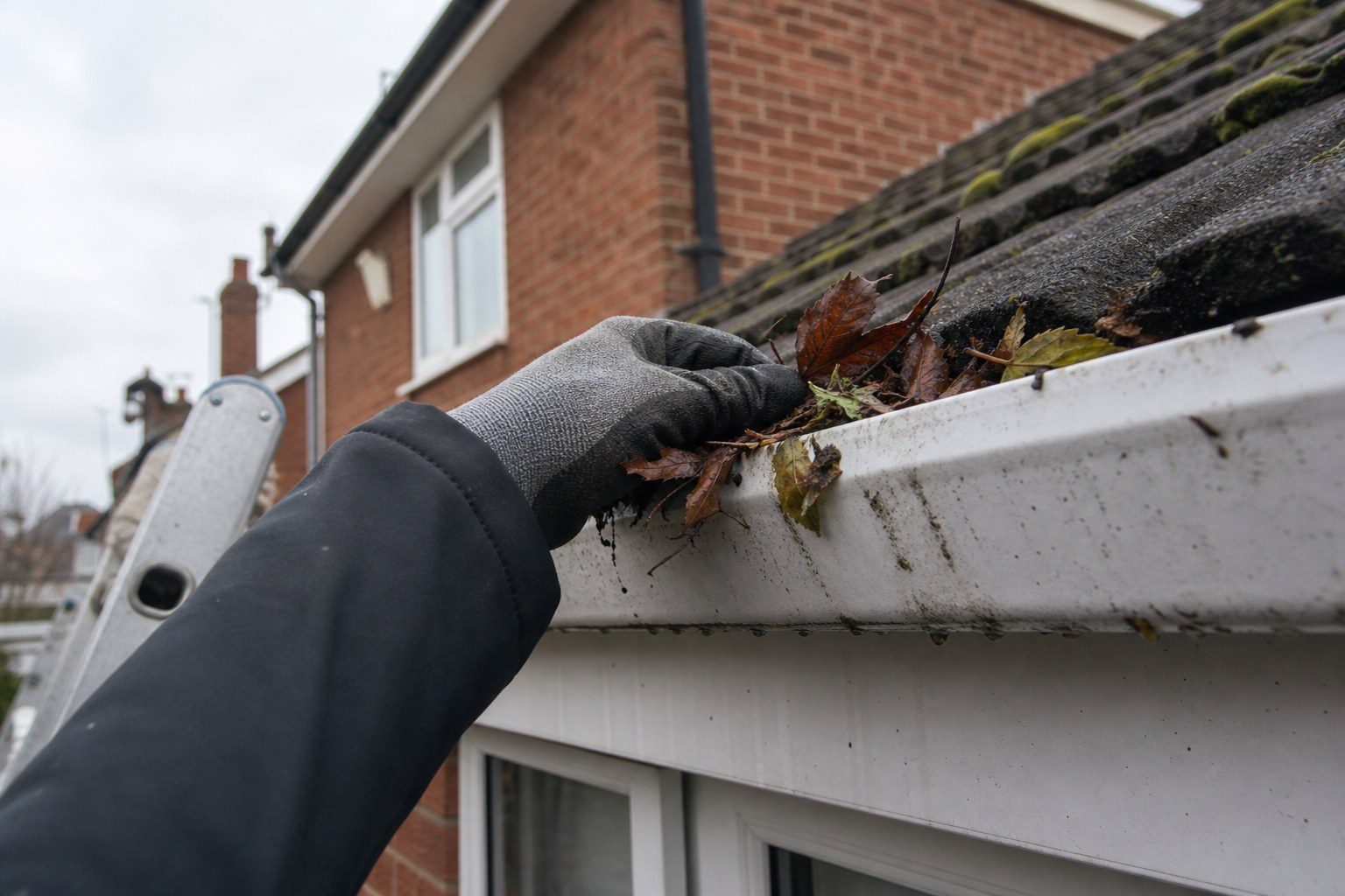 Water flowing through a cleaned roof gutter